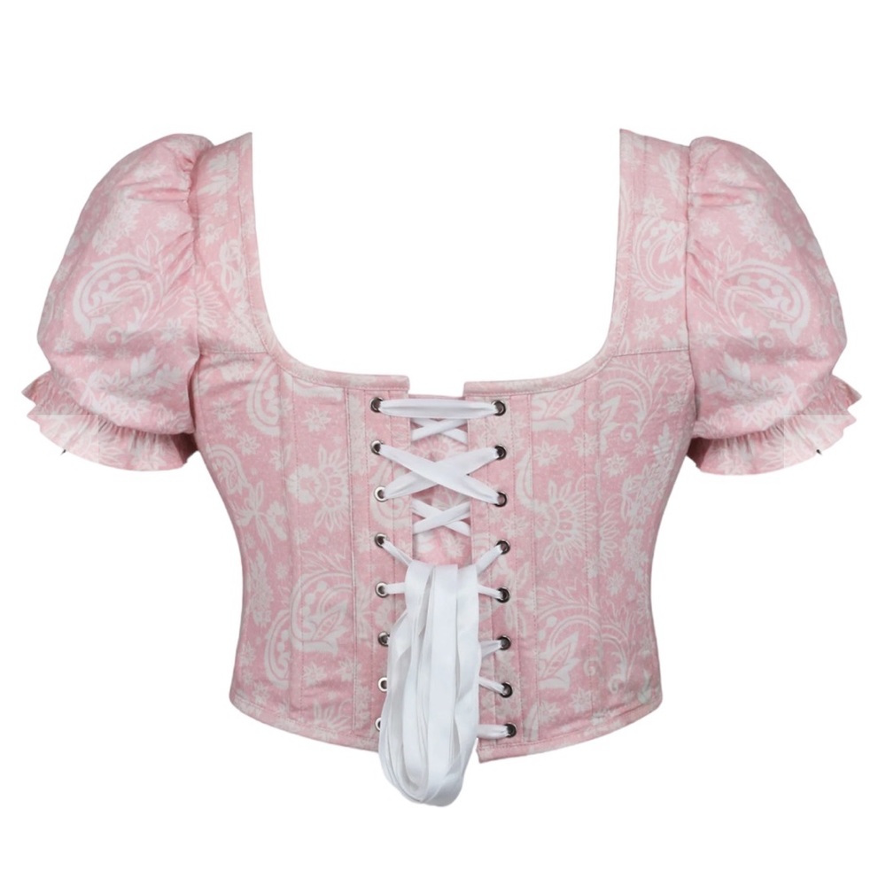 Corset Story Pink English Rose Corset Cottagecore Coquette Lace Up Crop Bustier - Picture 6 of 12